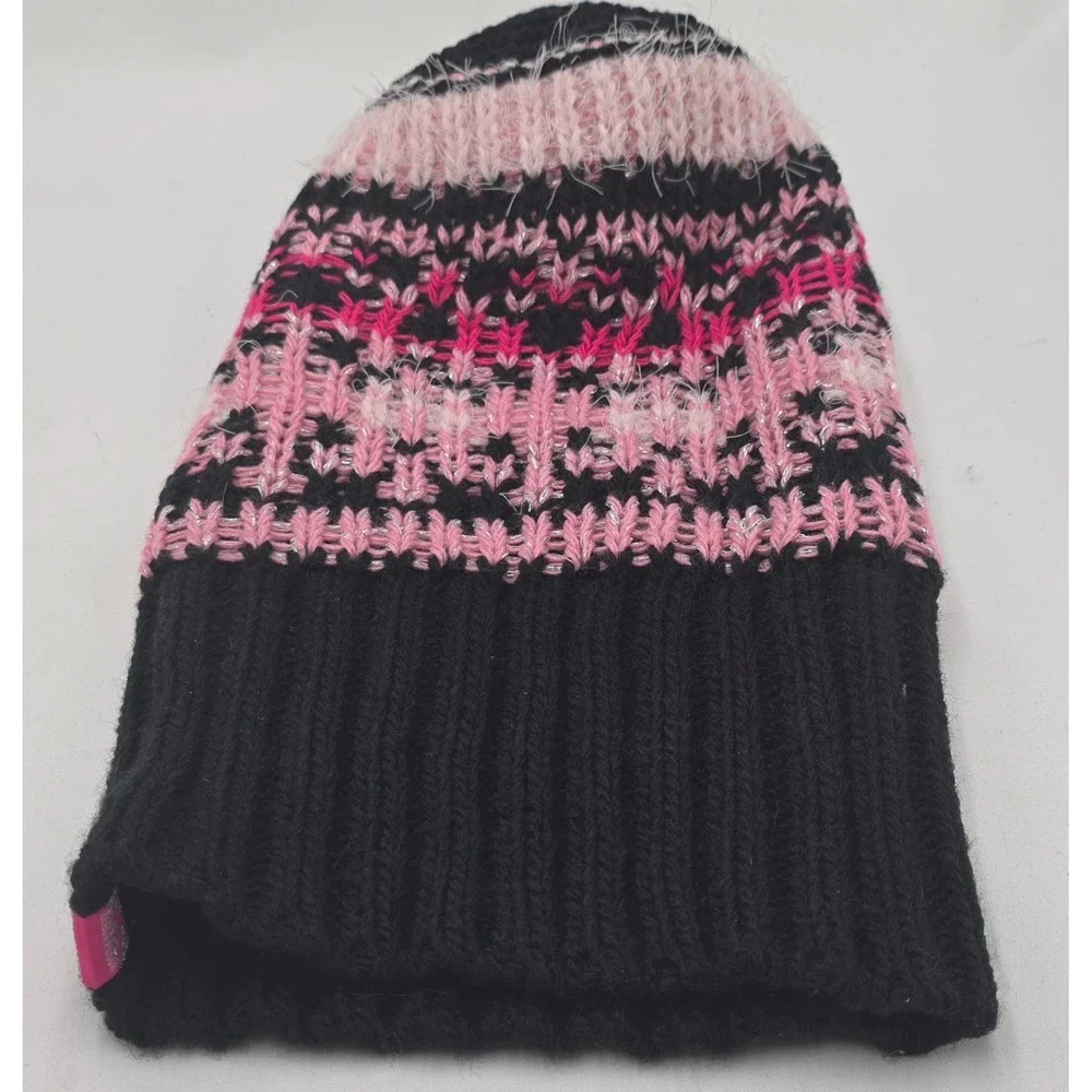 ZeroXposur Beanie‎ Women M/L Black Pink Fair Isle Pom Pom Knit Hat